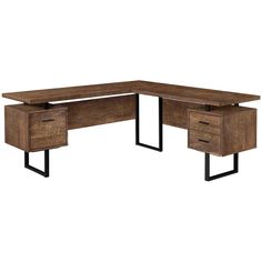 an l shaped desk with two drawers on one side and a metal frame at the top