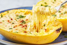 someone is eating spaghetti in an eggplant dish