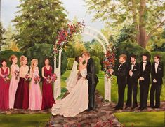 a painting of a bride and groom kissing in front of their wedding party at the park