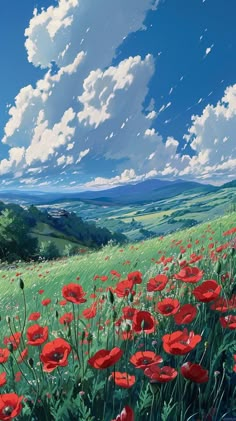 a painting of red poppies in a green field under a blue sky with clouds