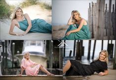 four different pictures of women in dresses sitting on the beach and posing for photos together