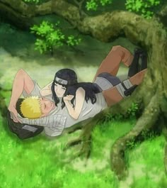 an anime scene with two people laying on the ground next to a tree and grass