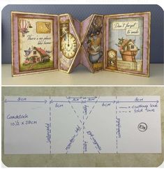 an open book with pictures and instructions on the inside is next to a cut out card