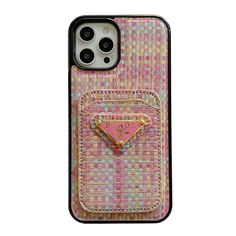 an iphone case with a pink and yellow pattern on the back, featuring a small triangle