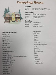 the menu for camping menu is shown here