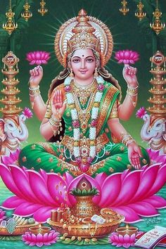 the hindu god sitting on top of a pink flower