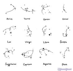 zodiac signs and their names are drawn in black ink on white paper, with stars above them