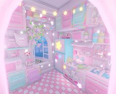 this is an image of a pink and blue doll's room with lots of furniture