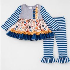 Brand New In Package Playful Blue Sets For Fall, Playful Multicolor Sets For Fall, Tunic Dress With Leggings, Tree Pants, Dress Leggings, Ruffled Tunic, Ruffle Pants, Girls Clothing Sets, Girls Clothing