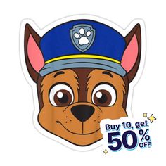 a dog with a police hat on it's head and the words buy 10 get 50 % off