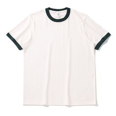 a white t - shirt with black trims on the sleeves