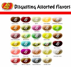 an advertisement for jelly belly's assorted flavored flavors, with the names and colors