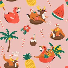 a pink background with slotty, flamingo and watermelon