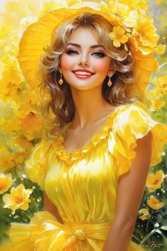 a painting of a woman wearing a yellow dress with flowers in her hair and smiling