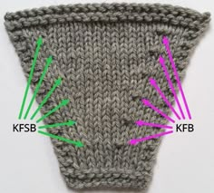 an image of a knitted object with arrows pointing to the top and bottom side