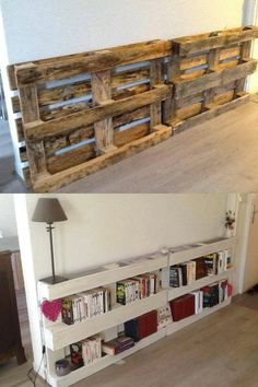 there are two shelves made out of wooden pallets and one has bookshelves