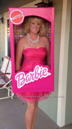 a woman in a barbie costume is standing outside