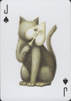 a playing card with a cat holding a mask on it's face and looking at the viewer