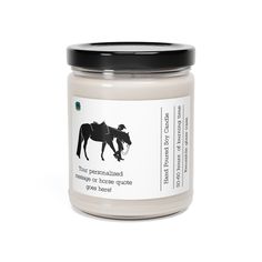 a white jar with a black lid and label on the front that says, horse poop