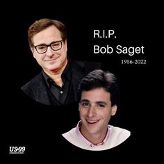 a man with glasses and a black shirt is smiling at the camera, next to an image of bob saget