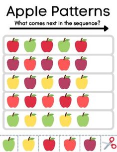 an apple pattern is shown with scissors and numbers to match the apples in each row