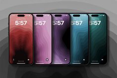 four cell phones with different colors and numbers on the front, back and side views