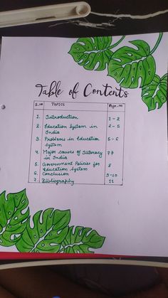 a white piece of paper with green leaves on it and the words table of contents