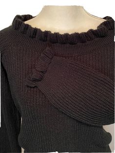 Lulus Black Knitted Pullover Sweater Ruffle Neckline & Ruffle Cuffs  Made of 100% Lightweight Acrylic Machine Washable Size Med Laying Flat: 20" acrosss chest, 19" across waist, 16" across hips, 25" sleeve from collar, 18" length SUPER CUTE All Occasion Sweater! New With Tag. Elevate your fall/winter wardrobe with this chic black pullover sweater from LULUS. The boat neckline and ruffle cuffs add a touch of femininity to this versatile piece, making it suitable for any occasion, be it a casual d Stretch Sweater With Ribbed Cuffs For Cold Weather, Occasion Sweater, Clothes Uk, Black Pullover Sweater, Pop Style, Fall Winter Wardrobe, Black Pullover, Uk Clothing, Boat Neckline