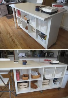 two pictures side by side of a kitchen island with baskets on the top and bottom