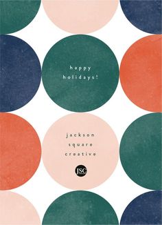 a christmas card with green, red and pink circles