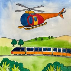 a painting of a helicopter flying over a train