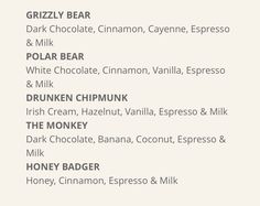 a menu with different types of chocolates and drinks on it, including milk, honey, cinnamon, espresso & more