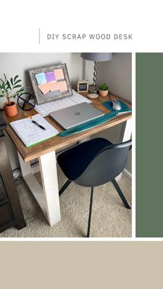 a laptop computer sitting on top of a wooden desk next to a chair and potted plant