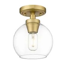 a light fixture with a glass globe on the top and a gold metal frame around it