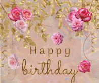 a happy birthday card with pink roses and gold foil