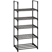 four tiered metal shelf with wheels on the bottom and bottom shelves, in black