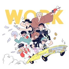 an image of a group of people that are in front of a car with the word work on it