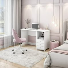 a bedroom with a bed, desk and chair in it