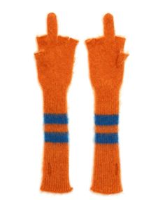 two orange mittens with blue stripes on the top and one in the middle, against a white background