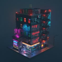 a tall building with neon lights on it's sides and stairs leading up to the second floor