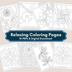 coloring pages with the words relaxing coloring pages on them and images of flowers, leaves