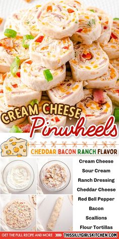 an advertisement for cream cheese pinwheels with pictures of the ingredients and instructions to make them