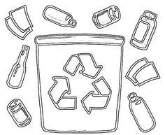 a black and white drawing of recyclables