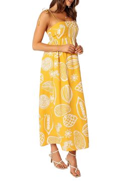 A bright tropical pattern puts a sunny spin on a maxi dress that's a breath of fresh air for your warm-weather wardrobe. Hidden back-zip closure Square neck Adjustable tie straps Lined 95% cotton, 5% linen Hand wash, line dry Imported Tropical Maxi Sundress For Vacation, Tropical Print Maxi Dress For Beach Season, Tropical Maxi Sundress For Day Out, Vacation Maxi Dress With Tropical Print, Maxi Length Tropical Print Sundress, Yellow Summer Maxi Dress For Vacation, Yellow Sundress For Vacation, Tropical Maxi Dress For Spring, Tropical Style Spring Maxi Dress