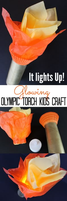 an orange flower made out of tissue paper with the words, it lights up glowing olympic kids craft