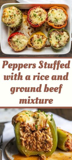 peppers stuffed with rice and ground beef mixture on a plate next to a casserole dish