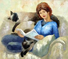 a painting of a woman sitting on a couch reading a book with a cat nearby