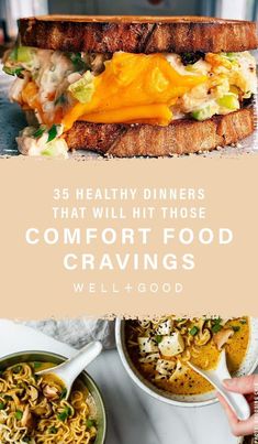 some food that is on top of a table with the words 35 healthy dinners that will hit those comfort food craves well good