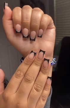 Short Nails Ideas French Tip Black, Graduation Nails Black, Nails Short Black, Black French Tip With Gems, Black Nails For Homecoming, Cheer Nails, French Tip Gel Nails, Black Gel Nails