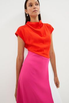 Style: Full Skirted DressDesign: Colour BlockFabric: CrepeLength: MidiNeckline: Cowl Orange Color Block, Colour Blocking Fashion, Color Block Skirt, Color Blocking Outfits, Latest Fashion Design, Panel Dress, Colorblock Dress, Linen Dress, Dress Patterns